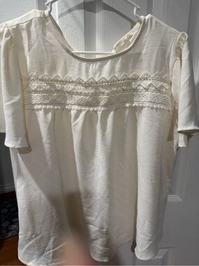 Women's Cream Lace-Yoke Short Sleeve Top